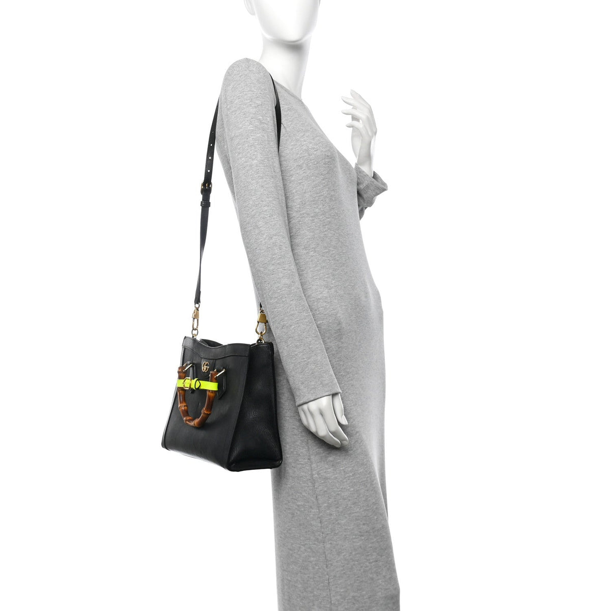 Calfskin Small Diana Tote Bag Black Yellow Fluo