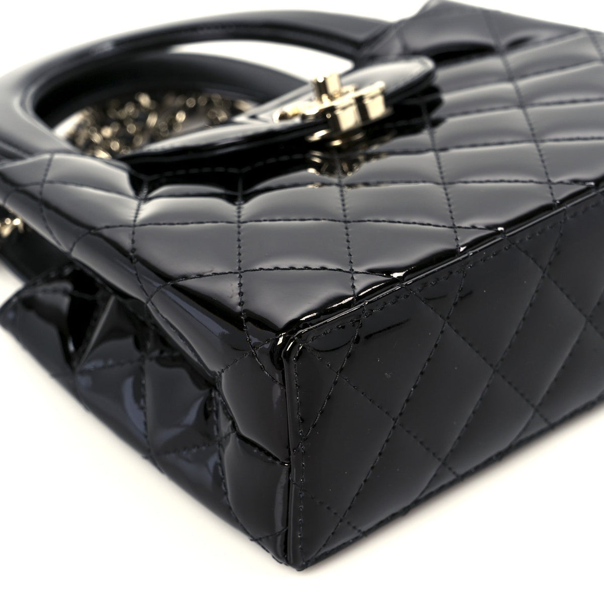 Mirror Calfskin Quilted Nano Kelly Shopper Black