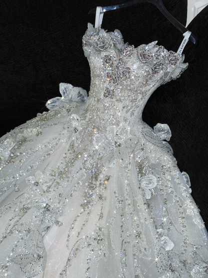 Gorgeous Shiny Beaded White Sweetheart Tulle Sequin Design Elegant A-Line Floor-length Wedding Dress D1666