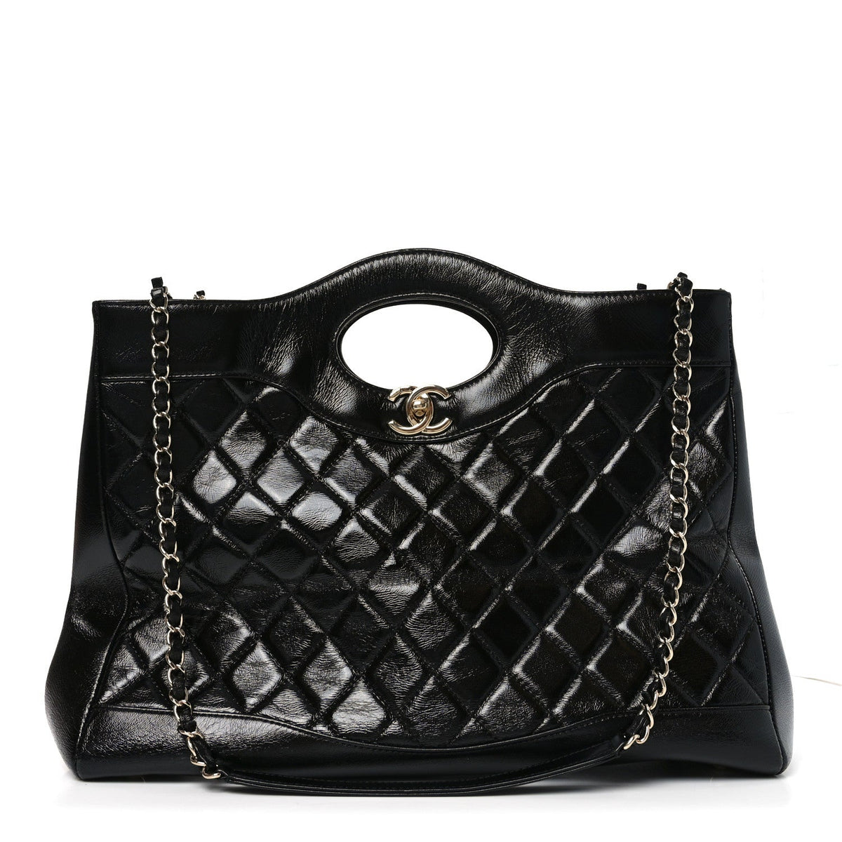 Shiny Crumpled Calfskin Quilted Large 31 Shopping Bag Black