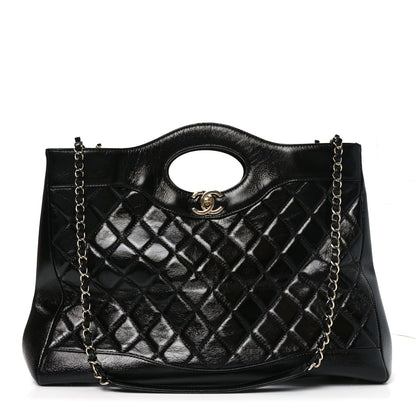 Shiny Crumpled Calfskin Quilted Large 31 Shopping Bag Black