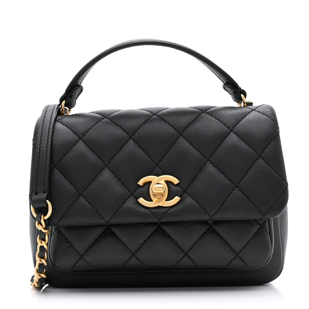 Calfskin Quilted Top Handle Flap Black