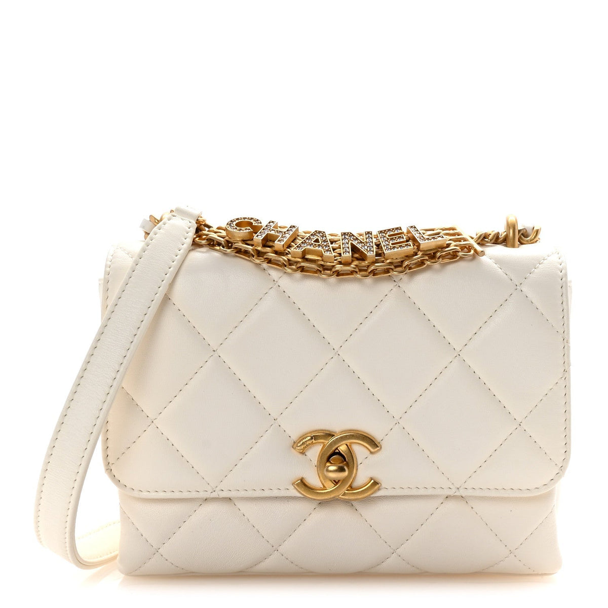 Lambskin Quilted Mini CC Crystal Logo Chain Flap White