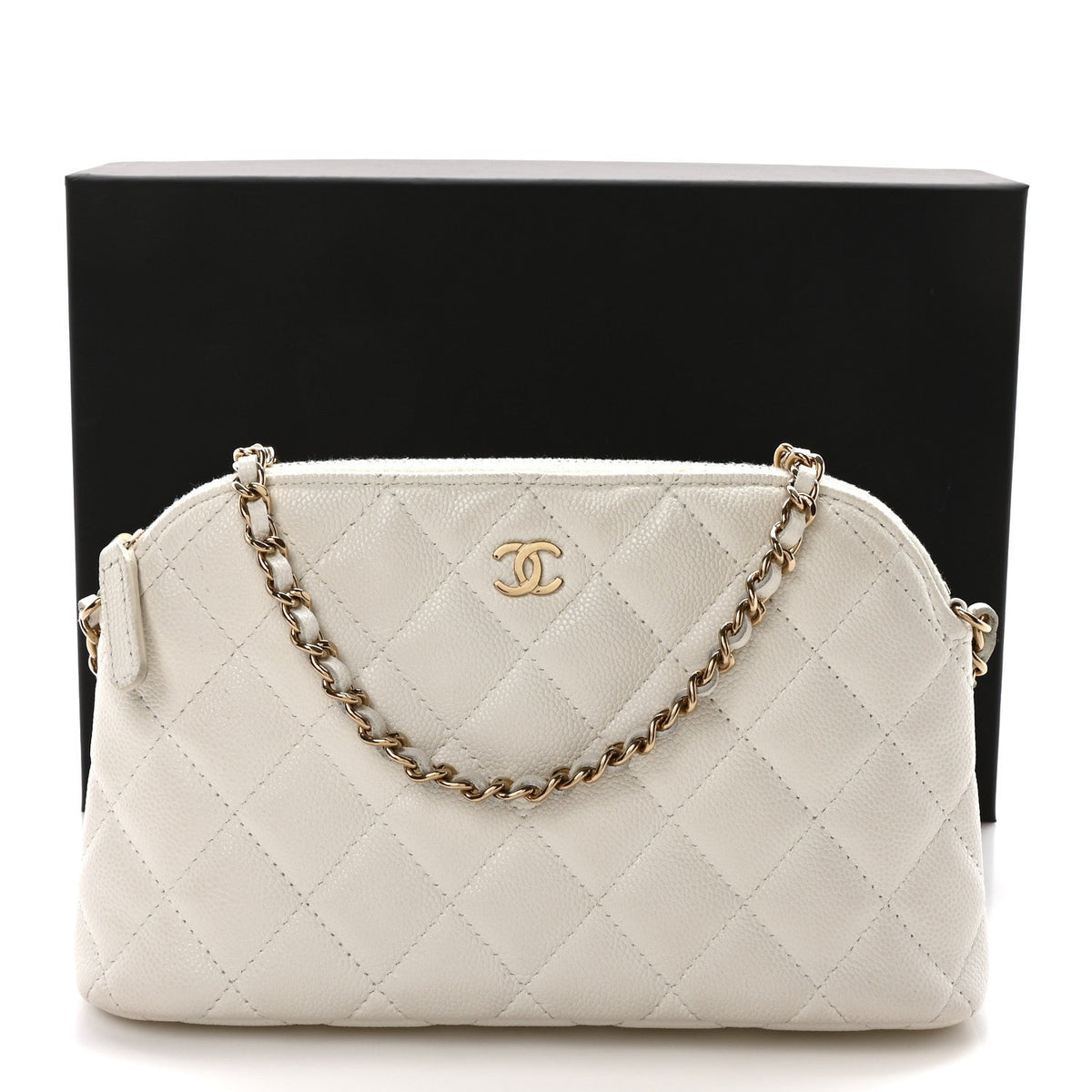 Caviar Quilted Classic Clutch With Chain White