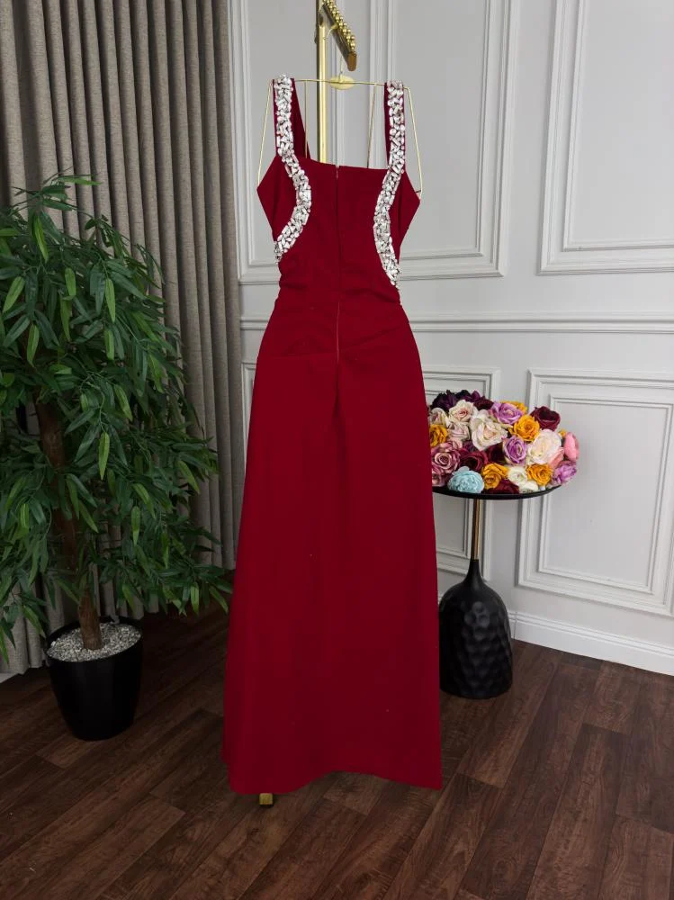Wine Red Spaghetti Straps Sheath Long Evening Party Dress MD7367