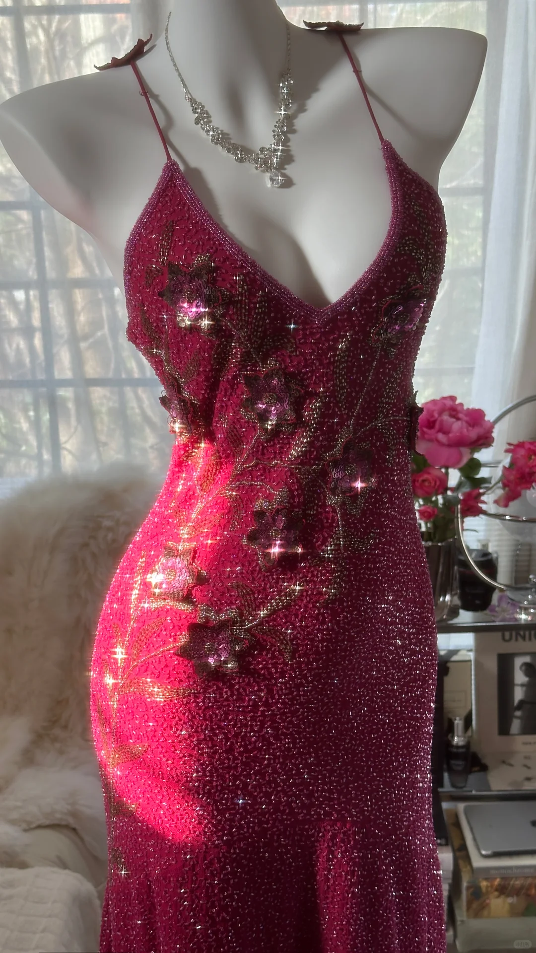 Vintage Shiny Sequin Rose Red Backless Design A-line Romantic Chiffon Evening Dress Prom Dress D1506