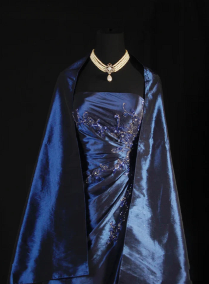 A-Line Navy Blue Strapless Satin Beading Vintage Long Party Dress Evening Dress, D790