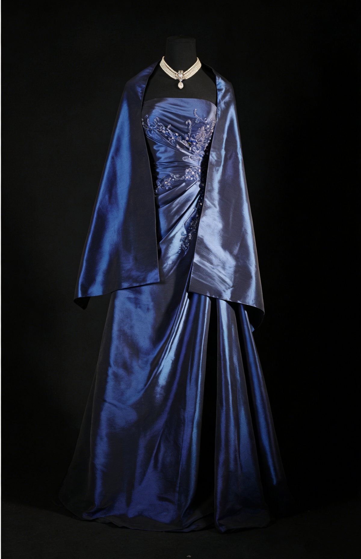 A-Line Navy Blue Strapless Satin Beading Vintage Long Party Dress Evening Dress, D790