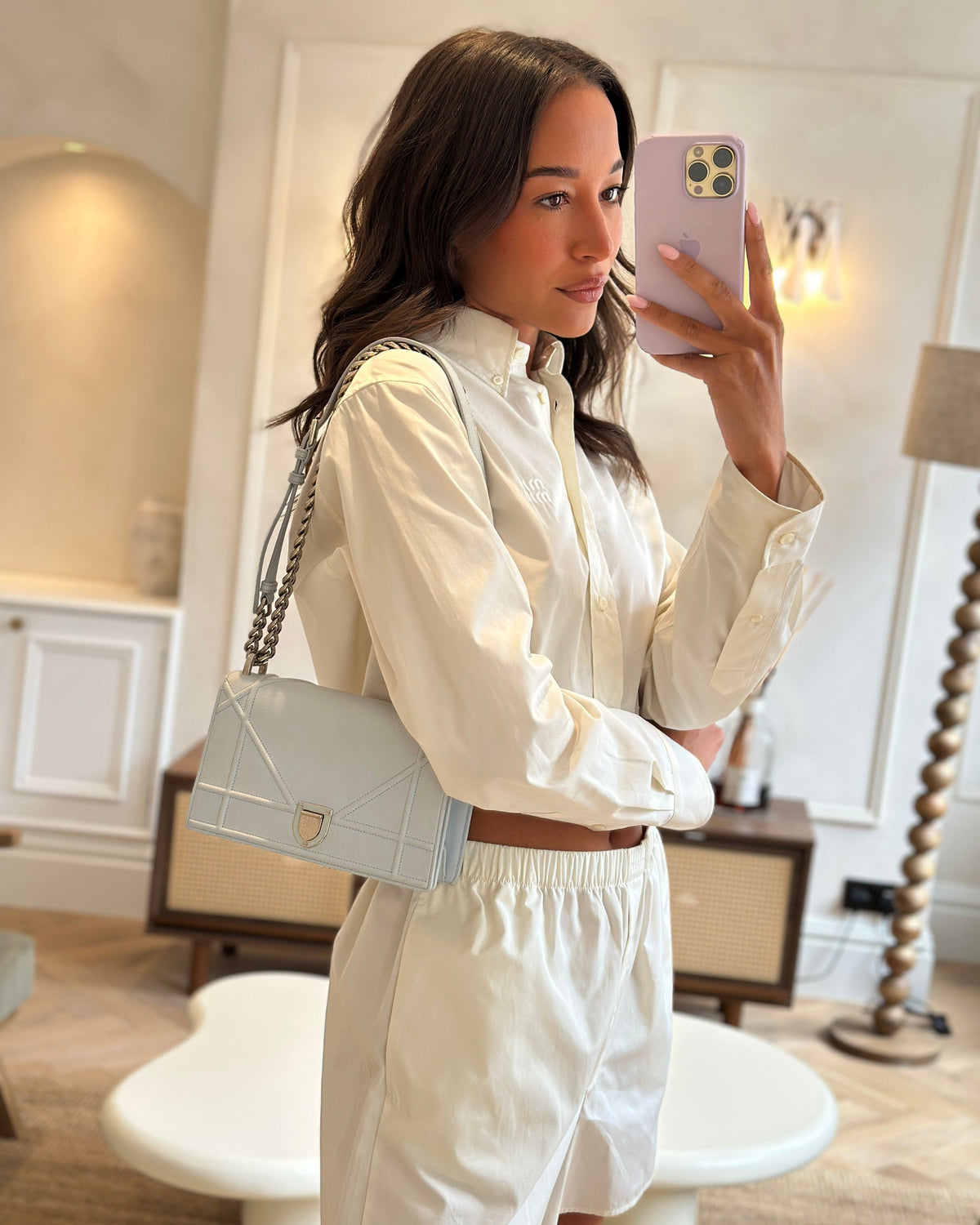 Christian Dior Baby Blue Small Diorama Flap Bag in Grained Calfskin Leather with Silver Hardware