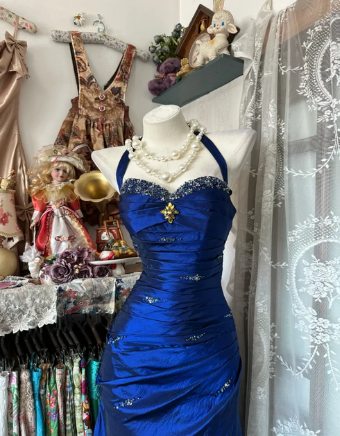 Vintage Halter Mermaid Long Prom Dresses Beaded Royal Blue Satin Birthday Dresses SH5041
