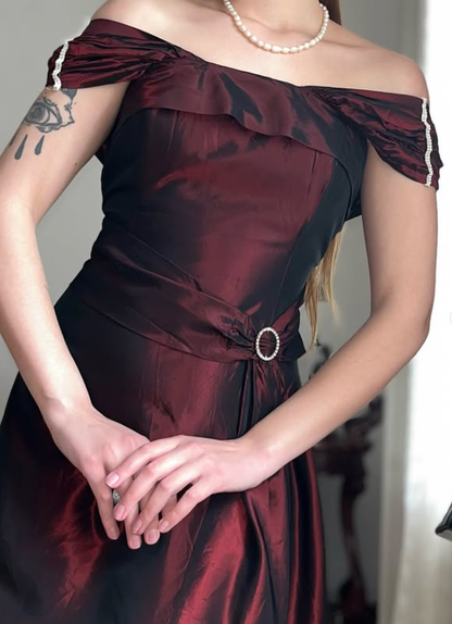 Vintage Dark Burgundy A Line Satin Prom Dress Evening Dress Date Dress SH5636