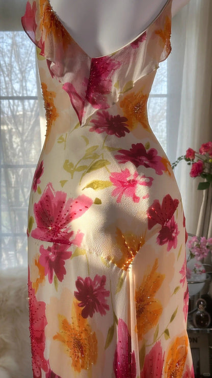 Vintage Floral A-line V-neck Spaghetti Strap Evening Dress Prom Dresses, D1432