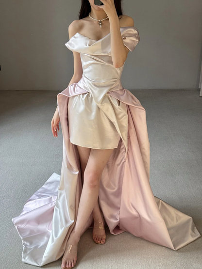 Unique Pink White Ombre A Line Off the Shoulder Pleated Satin Long Wedding Dress SH5152