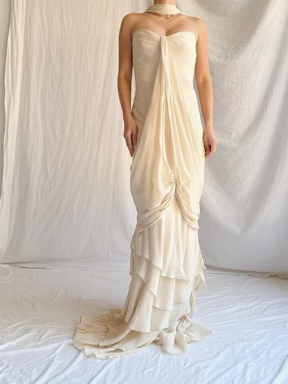 Vintage Apricot Draped Gown Featuring Strapless Neckline Dress with Scarf SH3628