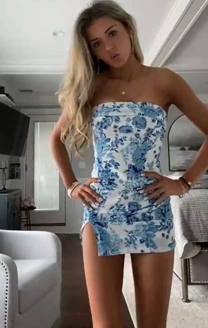 Strapless Blue Print Bodycon Prom Dress Homecoming Dress SH1131