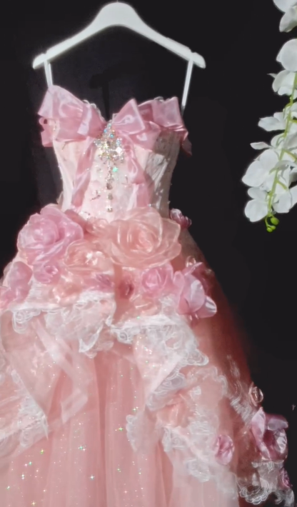 Sweety Ball Gown Strapless Beaded Pink Ombre Floral Tulle Long Prom Dress SH5040