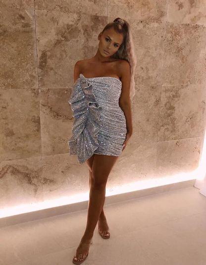 Strapless Silver Short Homecoming Dress With Side Ruffules Mini Party Dress SH1454