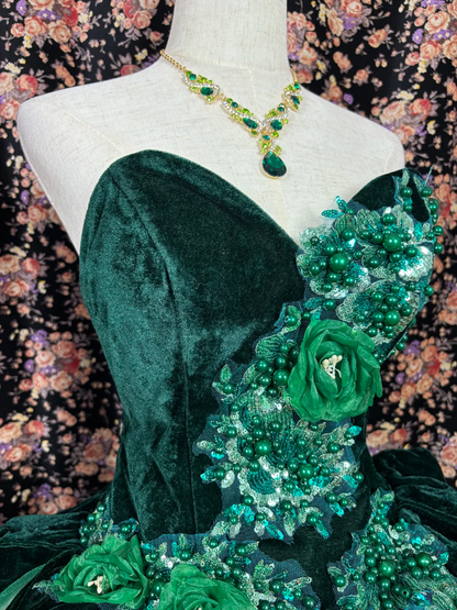Vintage Green Ball Gown Beaded Velvet Tulle Prom Dress Sweet 16 Dress SH5794