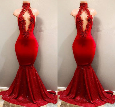 TRENDY MERMAID RED LACE HIGH NECK PROM PARTY GOWNS| RED PROM PARTY GOWNS AS06