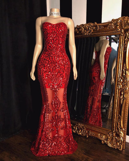 SWEETHEART STRAPLESS SEQUINS PATTERN LONG MERMAID PROM GOWNS AS07