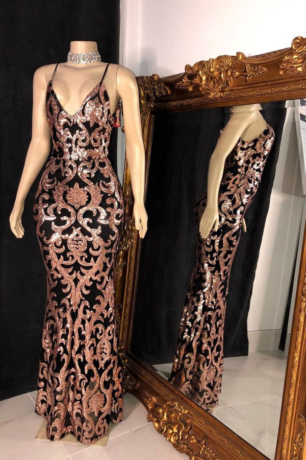 TRENDY SEQUINS APPLIQUES V-NECK SPAGHETTI LONG MERMAID PROM GOWNS AS09
