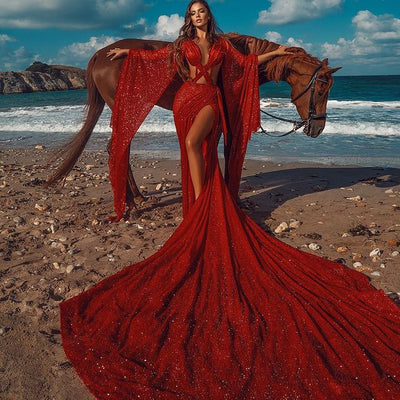 SPARKLE RED EXTREME LONG TRAIN CHIC CRISS-CROSS LONG SLEEVESS PROM PARTY GOWNS SAS28