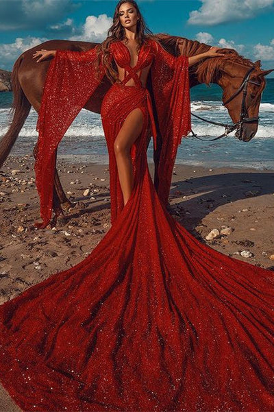 SPARKLE RED EXTREME LONG TRAIN CHIC CRISS-CROSS LONG SLEEVESS PROM PARTY GOWNS SAS28
