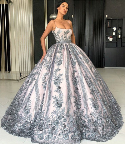 SPAGHETTI STRAPS LACE APPLIQUES EVENING DRESSES LUXURIOUS PRINCESS BALL GOWN PROM PARTY GOWN SAS29