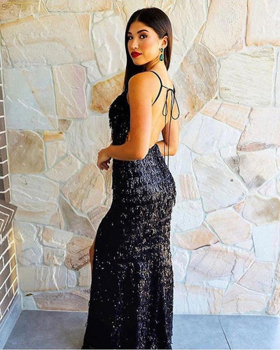 TIMELESS BLACK SPAGHETTI STRAP CHIC V-NECK TASSEL FITTING PROM PARTY GOWNS SAS30