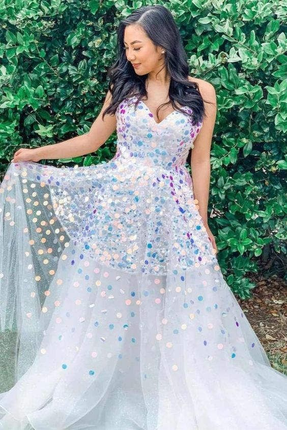 Sparkly White Sequined Tulle Long Prom Dress Evening Dress SH977