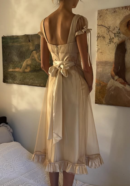 Vintage A Line V Neck Embroidered Tulle Satin Outfits Dress SH5269