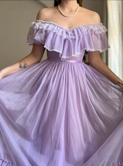 Vintage A Line Off the Shoulder Lilac Tulle Prom Dress Evening Dress Date Dress SH5633