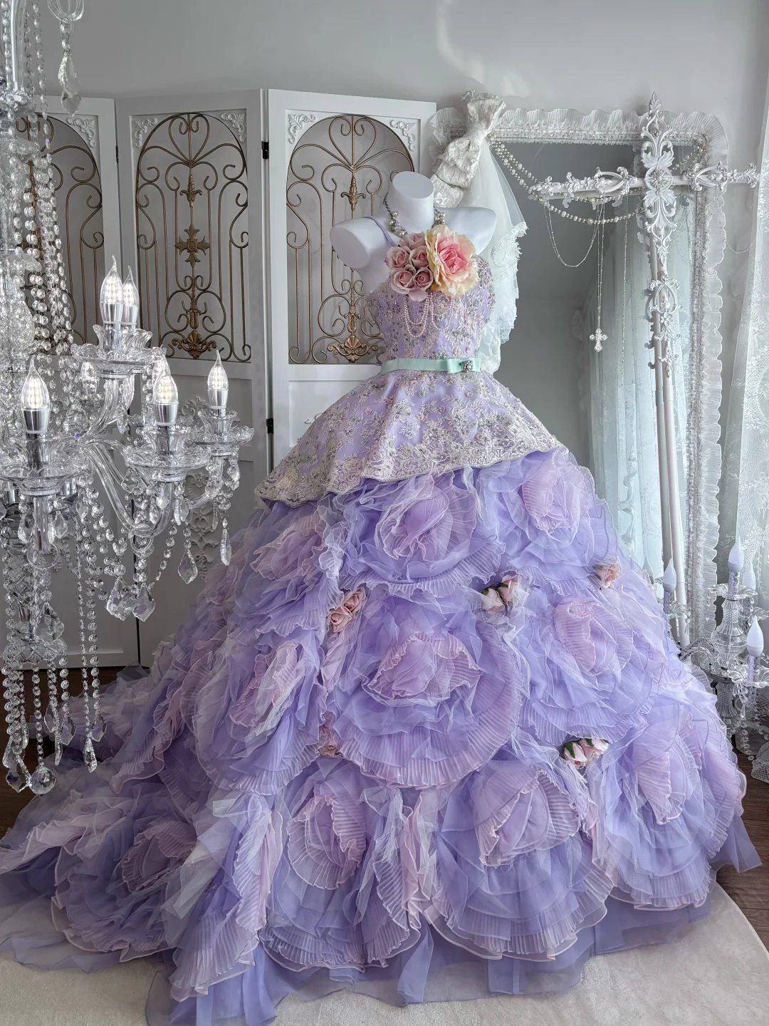Vintage Lilac 3D Flower Ball Gown Layered Tulle Prom Dress Sweet 16 Dress SH5989
