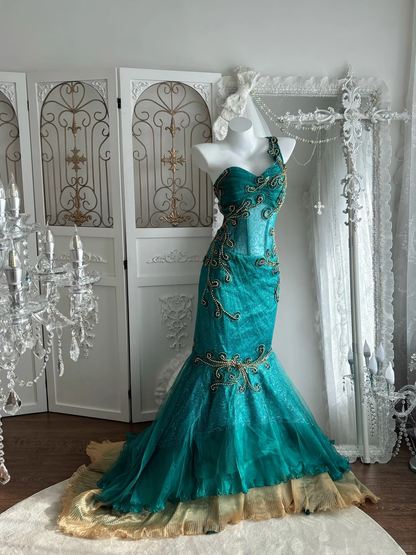 Vintage Blue Mermaid One Shoulder Beaded Tulle Prom Dress Sweet 16 Dress SH5792