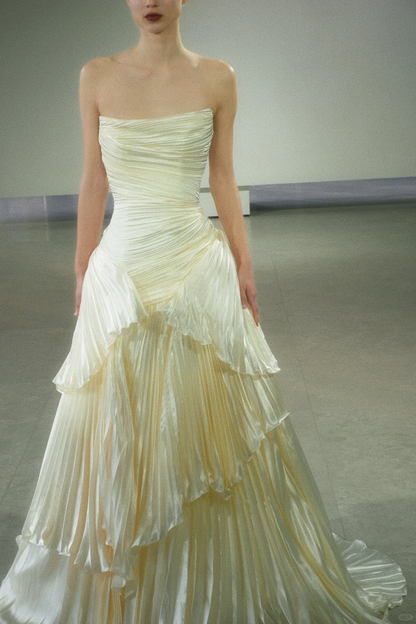 Unique Mermaid Strapless Pleated Ivory Satin Long Wedding Dress SH5097