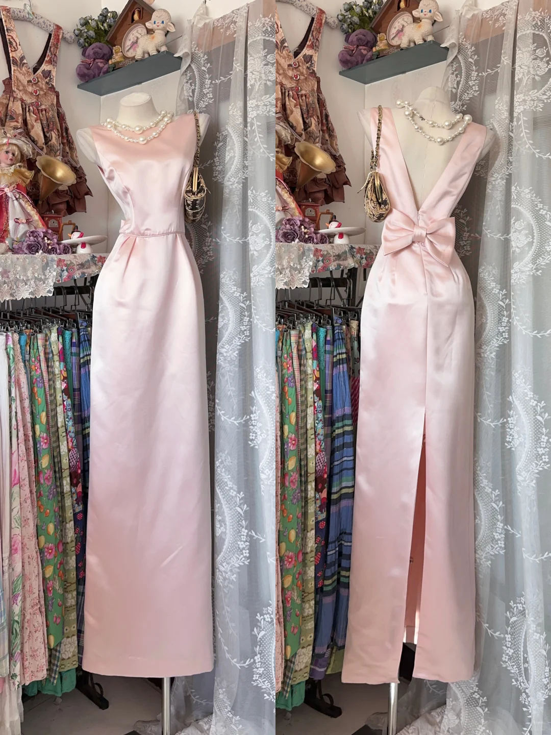 Sweety Light Pink Sheath Bow Satin Backless Graduation Prom Dress SH5371