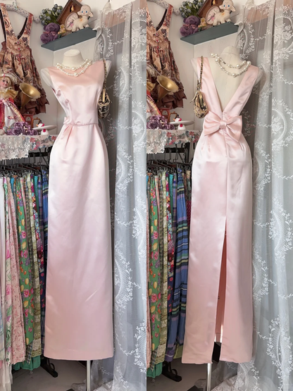 Sweety Light Pink Sheath Bow Satin Backless Graduation Prom Dress SH5371