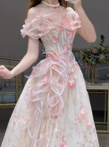 A Line Stunning Prom Dress Off Shoulder Floral Prom Dress Evening Gown Birthday Party Dress   D3306
