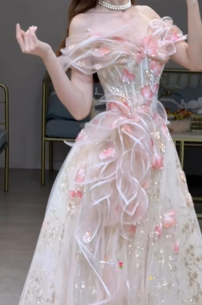 A Line Stunning Prom Dress Off Shoulder Floral Prom Dress Evening Gown Birthday Party Dress   D3306