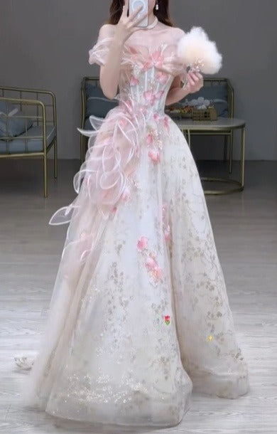 A Line Stunning Prom Dress Off Shoulder Floral Prom Dress Evening Gown Birthday Party Dress   D3306