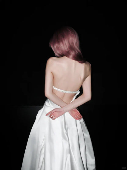 Stunning A Line Halter White Satin Backless Long Wedding Dress SH5980