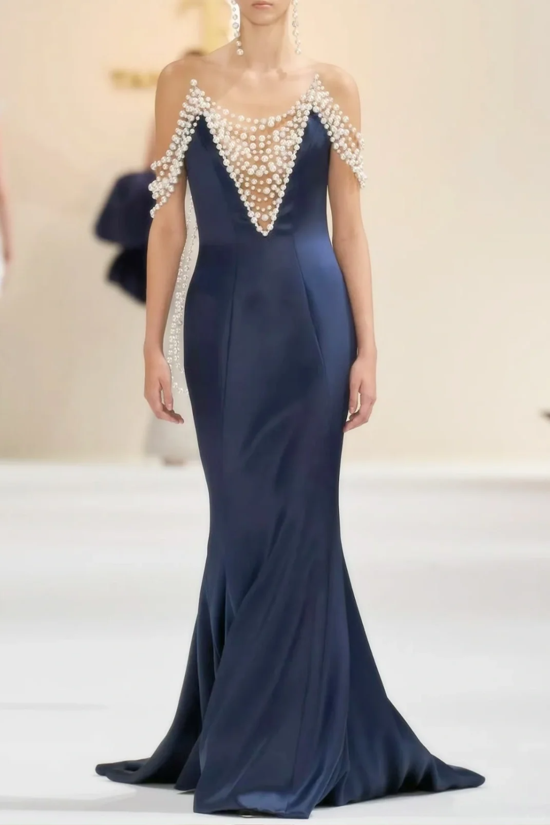 Unique Mermaid Off the Shoulder Pearl Navy Blue Satin Prom Dress Wedding Guest Dress SH4920