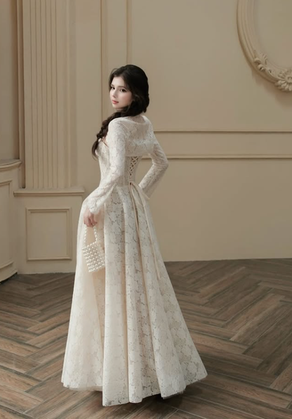 Sweety A Line Spaghetti Straps Long Sleeve White Lace Long Prom Dress SH5296