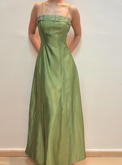 Vintage A Line Spaghetti Strap Beaded Green Satin Prom Dress Evening Dress SH2143