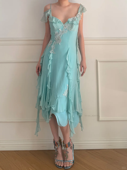 Sweety Blue A Line Straps Lace Appliques Chiffon Tea Length Prom Dress Outfits SH5444