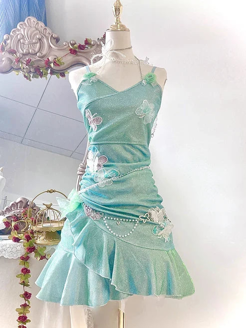 Fashion Mint Green Sparkling Sequin Spaghetti Strap Ruffled Hem Short 16th Birthday Party Dress Homecoming Dress D1529