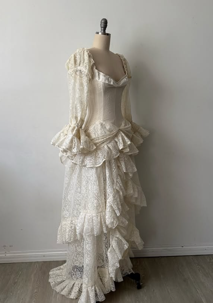 Vintage Apricot A Line Long Sleeve Layered Lace  Long Prom Dress Party Dress SH5536