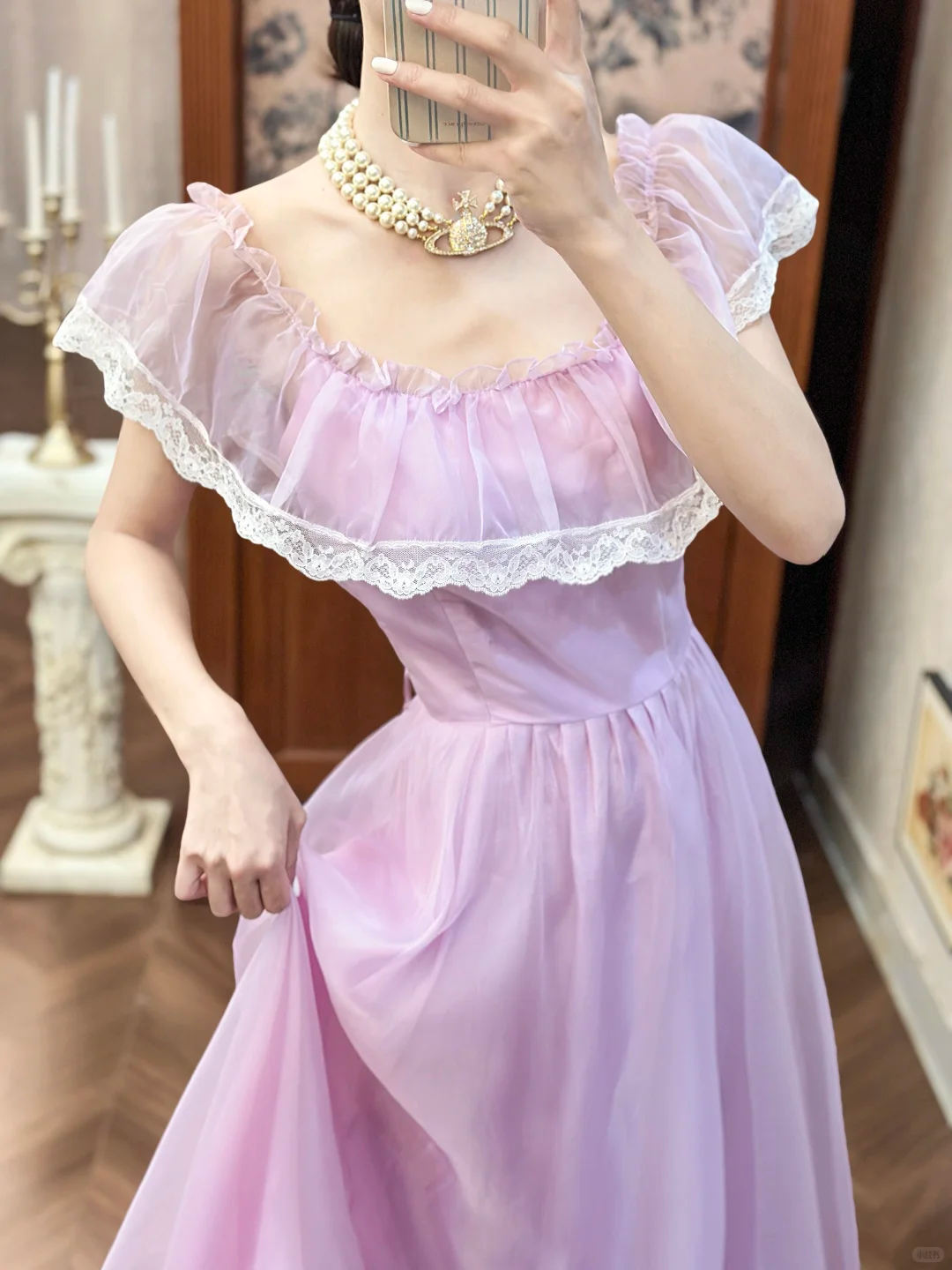 Vintage Lilac A Line Round Neck White Lace Chiffon Long Prom Dress Evening Dress SH5656