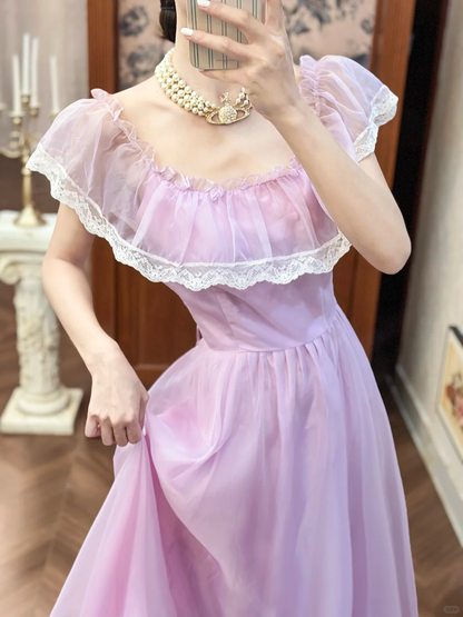 Vintage Lilac A Line Round Neck White Lace Chiffon Long Prom Dress Evening Dress SH5656