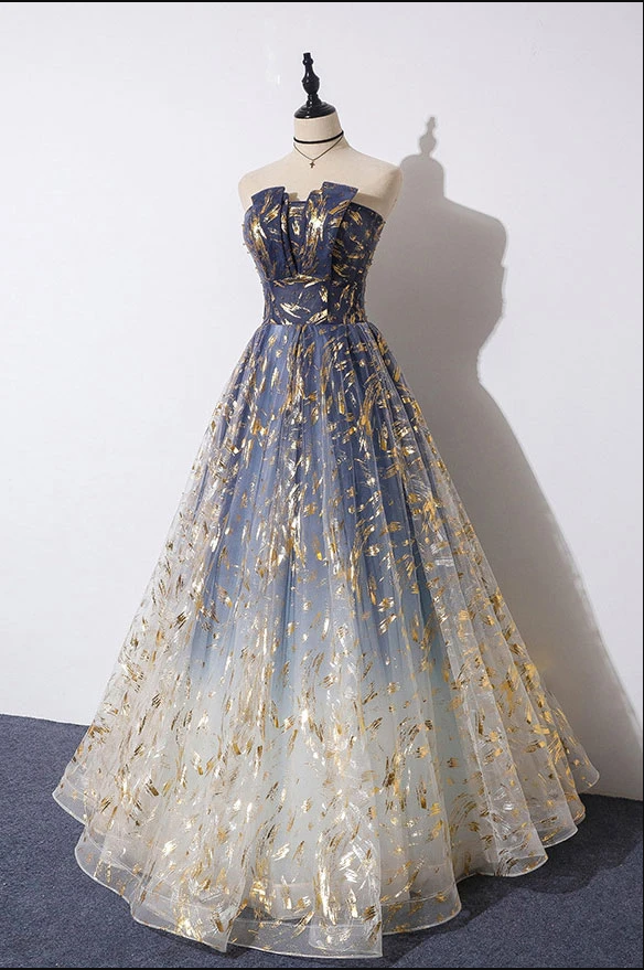 Unique A Line Strapless Blue Ombre Tulle Long Prom Dress Evening Dress B96